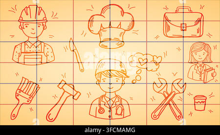 Hand‑drawn illustration of diverse professions with doctor, chef, construction worker, and tools on orange grid background symbolizing career choice Stock Vector