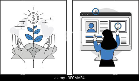 Illustration of financial growth with plant sprouting coin in soil and person managing digital investment on computer, symbolizing modern economy. Stock Vector