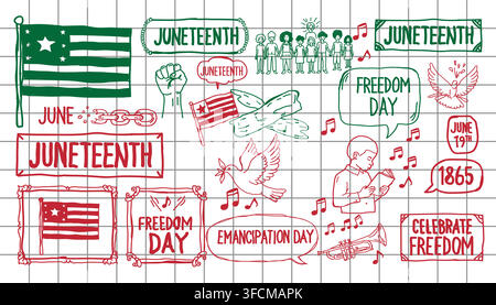 Colorful Juneteenth illustration with flag, raised fist, music, doves, and banners celebrating emancipation, freedom, and unity on June 19th. Stock Vector