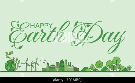 Decorative Earth Day illustration with green text, globe, plants, wind turbines, trees, and eco friendly landscape promoting sustainability and clean. Stock Vector