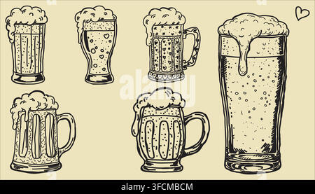 Hand drawn sketch illustration of beer glasses and mugs with frothy foam on beige background, artistic design representing different styles of beer. Stock Vector