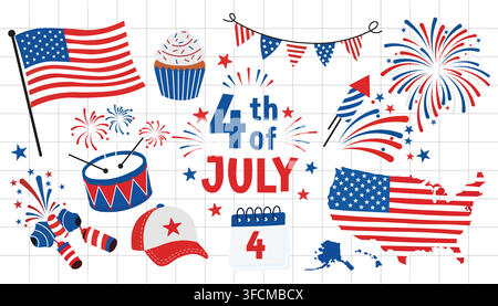 Festive 4th of July illustration with American flag, fireworks, cupcake, drum, map, hat, and patriotic decorations celebrating Independence Day. Stock Vector