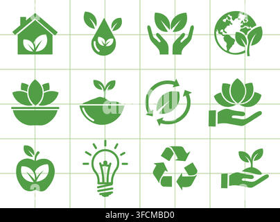 Eco‑friendly vector icon set with green symbols of recycling, renewable energy, nature, and sustainability for Earth Day awareness campaigns. Stock Vector