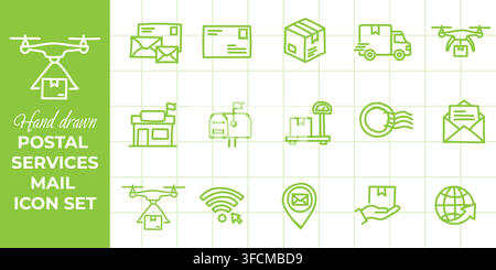 Hand drawn postal services icon set featuring mailboxes, envelopes, delivery trucks, drones, packages, and global shipping symbols on grid background. Stock Vector