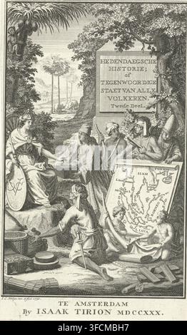 Personification of the VOC Receiving Gifts, print, title page, Depiction of an Asian landscape with the personified VOC in the foreground, crowned and holding a scepter. It receives gifts from the local population. On the right in the foreground, two putti by a map of a part of Southeast Asia. In a frame, the title in Dutch., printmaker: Jan Caspar Philips, Amsterdam, publisher: Isaak Tirion, 1730, paper, etching, engraving, etching and engraving, height 174 mm x width 103 mm, maps, atlases, landscapes in the non-temperate zone, exotic landscapes, bringing gifts, exchanging gifts, Indonesia., Stock Photo