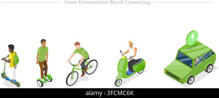 Green transportation bicycle commuting vector illustration featuring people riding electric scooter, segway, bicycle, moped, and driving electric Stock Vector