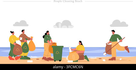 People cleaning beach vector illustration featuring volunteers picking up litter, collecting plastic waste, and sorting trash into recycling bins Stock Vector