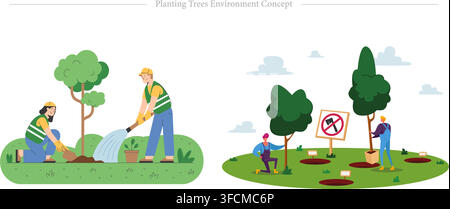 Planting trees environment concept vector illustration featuring volunteers watering saplings, planting trees, and protecting nature Stock Vector