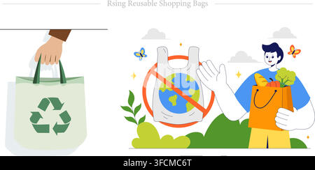 Using reusable shopping bags vector illustration featuring eco-friendly concepts, hand holding recycle bag, and person with grocery bag Stock Vector
