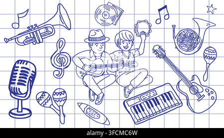 Hand drawn blue ink doodle illustration of musicians with guitar and tambourine surrounded by musical instruments and notes on graph paper background Stock Vector