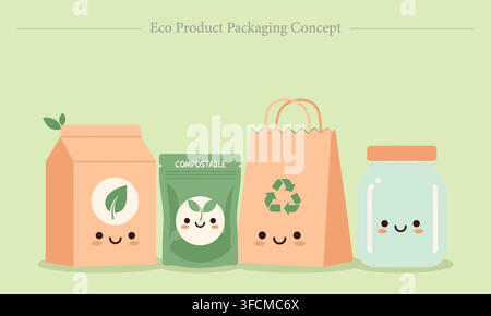Eco product packaging concept illustration featuring cute smiling paper box, compostable pouch, recyclable paper bag, and glass jar vector Stock Vector