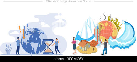 Climate change awareness scene vector illustration featuring melting globe with hourglass and warming earth with natural disasters and extreme weather Stock Vector