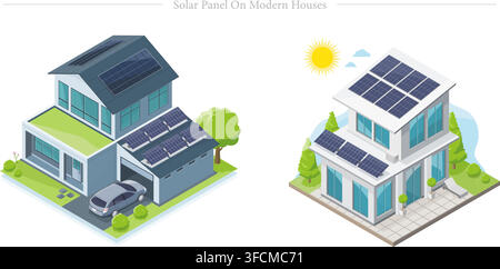 Solar panel on modern houses vector illustration featuring eco-friendly residential buildings with photovoltaic rooftop systems and electric vehicle Stock Vector