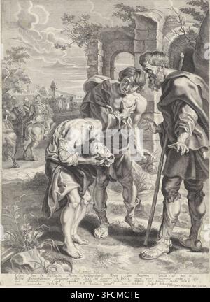 H. Justus, print, Saint Justus carries his head after his beheading., printmaker: Hans Witdoeck, Antwerp, after painting by Peter Paul Rubens, publisher: J. de Berti, grantor of privilege: Spanish crown, 1639, granter of privilege, paper, engraving, height 440 mm x width 320 mm, Justus of Beauvais as 'cephalophore', carrying his head in his hands after his beheading., A detailed black and white engraving shows three men in the foreground near a ruined stone archway and wall, one older bearded man leaning on a staff and wearing a cloak, one younger man standing and gesturing with an expressive Stock Photo