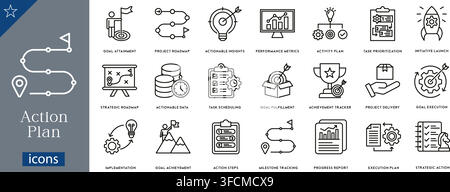 Action plan icons set showing goal attainment, project roadmap, actionable insights, performance metrics, activity plan, task prioritization, launch Stock Vector