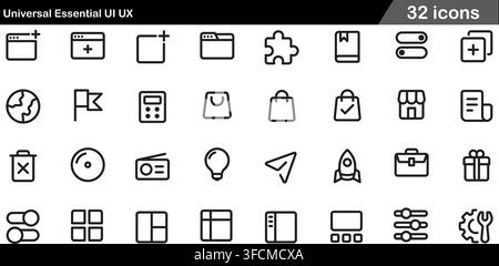 Universal essential UI UX icons set showing browser add, puzzle piece, switch toggle, global map, flag, calculator, shopping bag, store vector Stock Vector