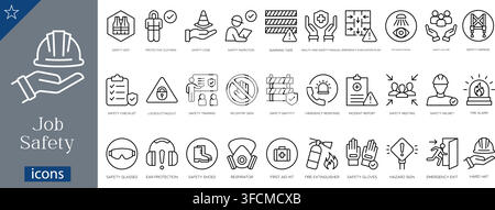 Job safety icons set showing safety vest, protective clothing, safety cone, safety inspector, warning tape, health and safety manual, emergency vector Stock Vector