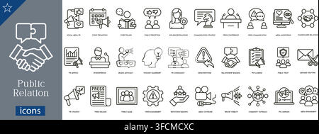 Public relation icons set showing social media, event promotion, consulting, public perception, influencer relations, communication strategy, vector Stock Vector