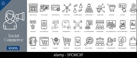 Social commerce icons set showing product showcase, virtual shopping, payment integration, social network, shopping trends, live shopping, buy button Stock Vector