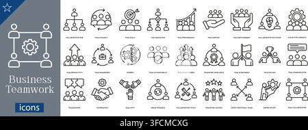 Business teamwork icons set showing collaboration hub, team support, team development, cooperation, group dynamics, cross-functional team, vector Stock Vector