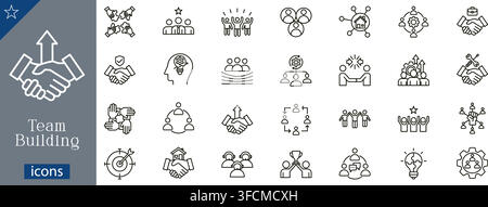 Team building icons set showing partnership hands, corporate leadership, teamwork success, remote team, network connection, organizational chart Stock Vector