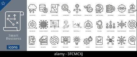 Smart business icons set showing cloud indexing, data security, strategic plan, corporate search, workflow optimization, enterprise tech, vector Stock Vector