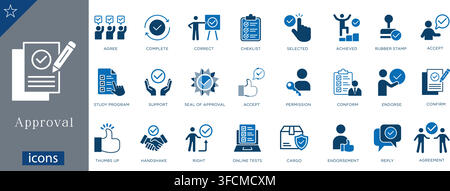 Approval icons set showing agree, complete, correct, checklist, selected, achieved, rubber stamp, accept, study program, support, seal of approval Stock Vector