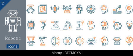 Robotic icons set showing robotic arm, AI chip, mechanical robot, automation gear, cybernetic brain, industrial robot manipulator Stock Vector