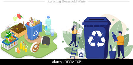Recycling household waste vector illustration showing people sorting trash, big blue recycling bin, organic composting, and plastic waste management Stock Vector