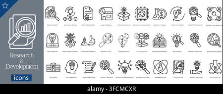 Research and development icons set showing data investment, innovation phase, patent development, market research, product evolution, technology Stock Vector