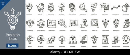 Business ideas icons set showing idea development, market mix, business partnership, innovation, strategy, startup launch, brainstorming vector Stock Vector