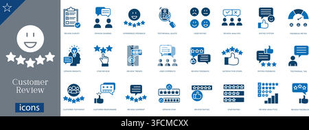 Customer review icons set showing review survey, opinion sharing, experience feedback, testimonial quote, user rating, review analysis, rating stars Stock Vector