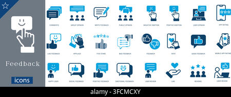 Feedback icons set showing comments, group opinion, write feedback, negative emotion, positive emotion, user opinion, app rating, like vector Stock Vector