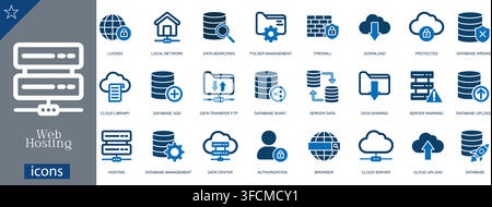 Web hosting icons set showing server, locked network, data search, folder management, firewall, cloud download, protected, database icons vector Stock Vector