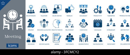 Meeting icons set showing brainstorming, teamwork, online meeting, feedback, productivity, timekeeping, problem solving, strategy, negotiation vector Stock Vector