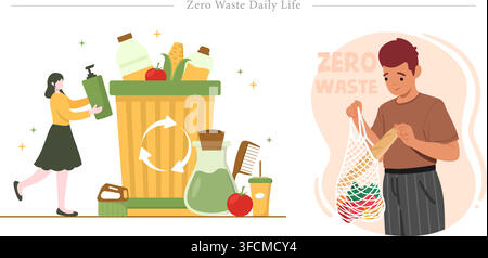 Zero waste daily life vector illustration showing recycling bin, eco friendly products, woman sorting waste, and man holding reusable mesh grocery bag Stock Vector