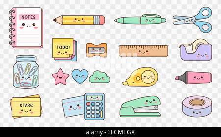 Cute kawaii school and stationery supplies vector set with smiling faces for kids education Stock Vector