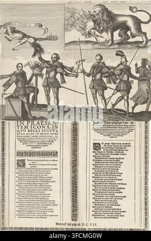Caricature comparing Spinola to the spinning Hercules, 1607, cartoon, print. On the left, Spinola is spinning arrows from the Spanish crown, with which he is compared to the spinning Hercules. The Dutch reproach him for his wavering attitude in military affairs. Next to Spinola stands Bucquoy with a reel, who was more decisive and pulls Fortuna (Occasio), hovering above them, towards him by the hair. On the left stand Maurits and a warrior on the broken thorn branches from the Spanish standard. They are driving away a woman with a Janus head (Deceit or Duplicity). In the upper right, the Dutch Stock Photo