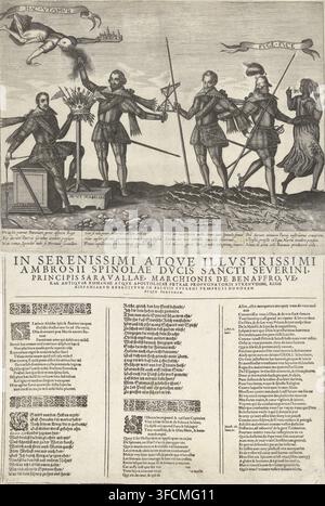 Tribute to Spinola, ca. 1607, print, propaganda print. On the left, Spinola is spinning arrows from the Spanish crown. He is seated on the Petra fidei and the crown stands on a pedestal: Sicut scabellum. Next to Spinola stands Bucquoy, who is pulling Fortuna (Occasio), hovering above him, towards him by the hair. On the right, Maurice and a warrior stand on the broken thorn branches from the Spanish standard. They are chasing away a woman with a Janus face: Fuge fuce. With a caption of 4 verses of 4 lines each in Latin. Pasted below the print is a sheet with 3 columns of text in Latin and Germ Stock Photo