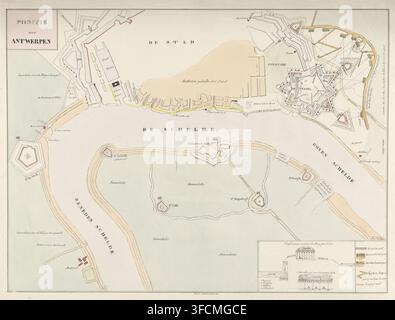 Plan of the Scheldt in front of Antwerp showing the location of the forts, during the siege of the Citadel, 1832, Position in front of Antwerp, print, map, Plan of the Scheldt in front of Antwerp, with the Citadel and the other forts in Dutch hands during the siege of the Citadel by the French. Bottom right an inset with two images of a battery on the Citadel and a legend of the French siege works., printmaker, printer (person), Netherlands, Utrecht, paper, lithography, hand coloring, hand-colored, height 459 mm x width 585 mm, permanent fortifications, Battle for the Citadel of Antwerp (1832) Stock Photo