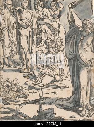 Moses breaking the tablets of the law (part two), print, Moses holds a stone tablet above his head, ready to throw it on the ground. On the right, the golden calf worshipped by the people. On the left, the Israelites throwing golden ornaments into the fire to forge the golden calf., printmaker: Andrea Andreani, Italy, after drawing by Francesco Vanni, after design by Domenico Beccafumi, Siena, 1590, Tuscany, materials by function, paper, ink, woodcut, hand coloring, brush, pen, hand colored in blue and worked with pen in brown, height 600 mm x width 472 mm., A detailed ink and wash scene shows Stock Photo
