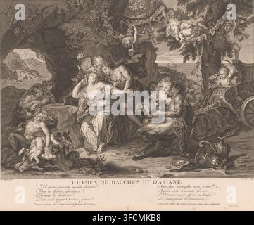 Bacchus and Ariadne, L'hymen de Bacchus et d'Ariane., print, printmaker: Claude Duflos, France, after painting by Antoine Coypel, writer (clerical worker): Baisier, Paris, 1675 - 1727, writer (clerical worker), paper, engraving, etching, stippelwerk, height 369 mm x width 460 mm, triumph of Bacchus and Ariadne., A detailed sepia engraving shows a gathering of classical figures in a rocky coastal grove. A central seated woman in flowing drapery leans toward a partially clothed man who embraces her, while an angelic figure holds a torch behind them. To the right a satyr kneels offering a basket Stock Photo