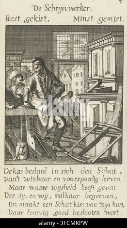 The Carpenter, Carpenter, Human Work, print, Series number, 7, 100, printmaker: Caspar Luyken, Amsterdam, after drawing by Jan Luyken, 1694, writer (clerical worker), paper, etching, height 139 mm x width 80 mm, handicrafts, craftsman at work, joiner, cabinet maker, 'ébéniste'., A detailed black and white engraving showing an interior workshop scene with a large window revealing buildings outside, a bearded man in a long apron leaning on a workbench while looking down, a woman beside him wearing a hat and holding a board, assorted carpentry tools and wooden planks scattered on the floor, a par Stock Photo