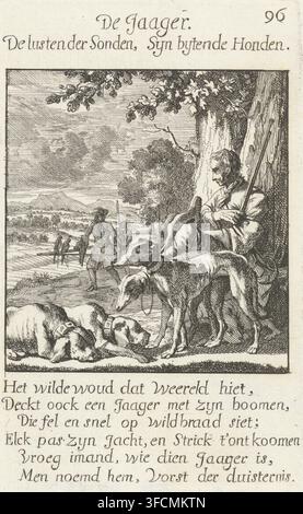 Jager, De Jaager, Het Menselyk Bedryf, print, Series number, 96, 100, printmaker: Caspar Luyken, Amsterdam, after drawing by Jan Luyken, 1694, writer (clerical worker), paper, etching, height 139 mm x width 86 mm, hunter., A rectangular engraved scene bordered by a thin frame shows a man seated against a large tree trunk holding a long staff and looking toward the center of the image, several dogs gathered around him with two standing and two lying on the ground, a distant figure walking along a path carrying long poles with birds hanging from them, rolling countryside with trees and a low mou Stock Photo