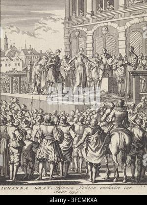 Johanna Gray, Beheaded in London in the Year 1554, Beheading of Lady Jane Grey in London, 1554, print, printmaker: Jan Luyken, Amsterdam, 1698, paper, etching, proof, height 201 mm x width 158 mm, Person, Lady Jane Grey, violent death by beheading, London, Tower of London, Period., A crowded scene shows a raised wooden platform in front of a large stone building with tall arched windows and decorative carvings, where a group of people in period clothing stand and gesture; a woman in a long dress reaches toward a man who leans forward while others around them hold hats and cloaks, some wearing Stock Photo