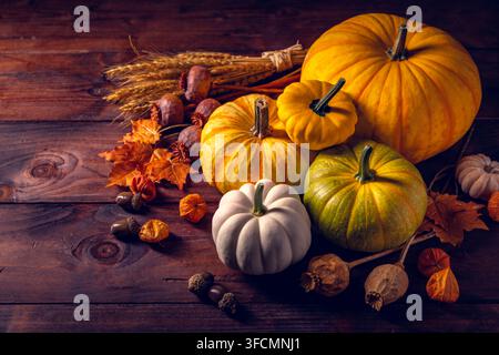 A festive display of various pumpkins, gourds, wheat stalks, and fall leaves on a dark wooden surface, evoking a sense of harvest and Thanksgiving Stock Photo