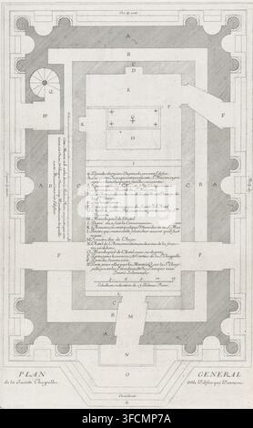 Map of the Basilica della Santa Casa in Loreto, Plan general de la Sainte Chapelle & l'edifice qui l'entoure, print, printmaker: Nicolas Cochin, publisher: Pierre Mariette (II) (possibly), Paris, 1649, paper, etching, height 362 mm x width 228 mm, plan, architecture, Marche, Loreto, Basilica della Santa Casa., A detailed architectural floor plan drawn in thin gray lines on a light background, showing a large rectangular central space surrounded by thick shaded walls with cross-hatching and recessed circular alcoves at the corners and sides, a small spiral staircase represented by concentric ar Stock Photo