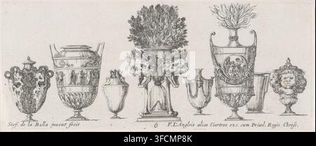 Eight vases in a row, the middle one with two skulls with open mouths, Ornamental vases, Raccolta di vasi diversi, print, ornamental print, Series number, 6, printmaker: Stefano della Bella, France, publisher: François Langlois, Paris, grantor of privilege: French crown, 1620 - 1664, paper, etching, height 84 mm x width 202 mm, garden vase, vase, ornament., A row of ornate vases and urns sits against a plain background, each rendered in fine linework; the leftmost vessel has a rounded body with elaborate handles and textured surface details, next to a taller urn with a lid and two vertical Stock Photo