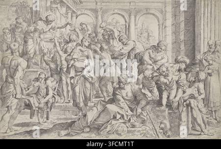 Saint Roch distributing his riches among the poor, print, In a courtyard, Saint Roch stands on a raised platform on the left. He gives coins to a crowd standing before him. In the middle, a man with a violin and on the left, a sick person lying on a cart., inscription: '6, 1. - 33.', printmaker: attributed to Guido Reni, Italy, printmaker: attributed to Francesco Brizio, after design by Annibale Carracci, publisher: Pietro Stefanoni, grantor of privilege: Paulus V, Vatican City, 1610, Attributed to, paper, etching, engraving, intaglio printmaking technique, etching and engraving with plate Stock Photo