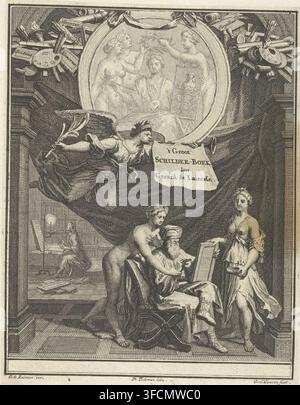 't Groot schilder-boeck, Allegory of Painting, Gerard de Lairesse, 1707, print, title page, In the center a blindfolded man in Oriental attire with a tablet before him. The personification of Design, with a compass on his head, stands behind him and guides his hand. Next to him stands a woman in antique clothing with a small bowl in her hand. Above his head flies Fame with a trumpet in his hand bearing the title of the book. In the background a draftsman in a library. In the upper center, in a round vignette, painting is being lauded. In addition to the vignette, the attributes of painting., p Stock Photo